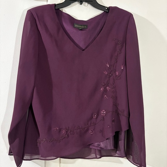 Studio I Purple Beaded Embellished Evening Blouse Top Long Sleeve Sz 18 Chiffon - Picture 1 of 14